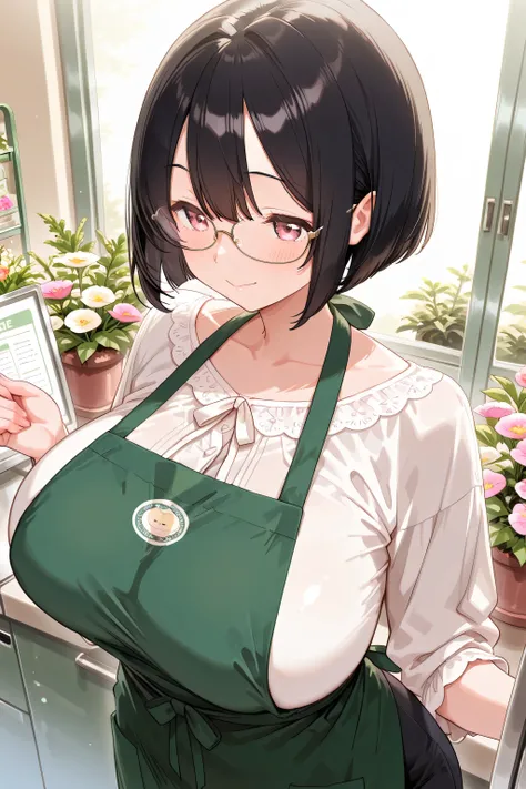 8k、High Fine、high image quality、masterpiece、very detailed illustration、(Flower shop)、(clerk)、(bob cut、dark haired、Glasses)、(white blouse、green apron at checkout)、cute、Idol、Beautiful Woman、troubled face