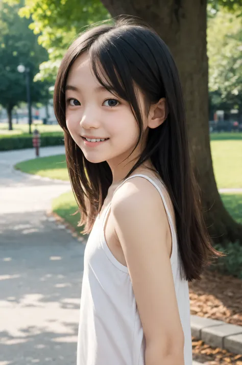 公園で笑っているyoungerかわいい女の子, Narrow Shoulder, cute faces getting creampied, white skin, younger, flat chest,(braids:0.5),(twin tails:0.5),(ponytail:0.5)