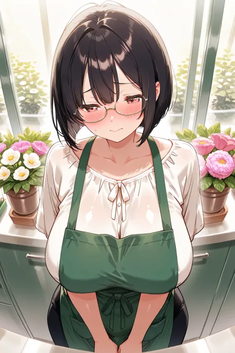8k、High Fine、high image quality、masterpiece、very detailed illustration、(Flower shop)、(clerk)、(bob cut、dark haired、Glasses)、(white blouse、green apron at checkout)、cute、Idol、Beautiful Woman、I'm embarrassed and blush