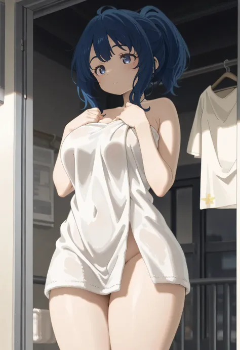 No panties、masterpiece, 8K quality, very detailed, , yanamianna、blue hair、amazing thighs、wearing a bath towel、 ponytail、hang laundry、balcony、 moon、 clothesline