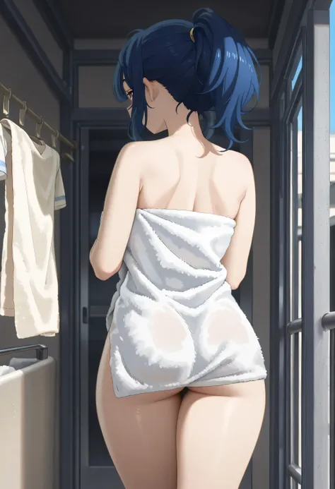 No panties、masterpiece, 8K quality, very detailed, , yanamianna、blue hair、amazing thighs、wearing a bath towel、 ponytail、hang laundry、balcony、 moon、 clothesline