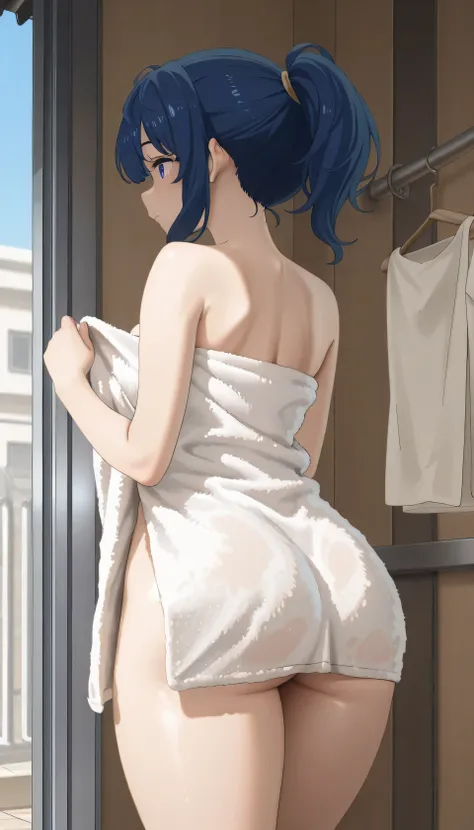 No panties、masterpiece, 8K quality, very detailed, , yanamianna、blue hair、amazing thighs、wearing a bath towel、 ponytail、hang laundry、balcony、 sunny、 clothesline