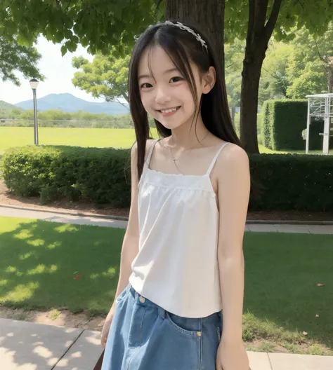 公園で笑っているyoungerかわいい女の子, Narrow Shoulder, cute faces getting creampied, white skin, younger, flat chest,(braids:0.5),(twin tails:0.5),(ponytail:0.5)