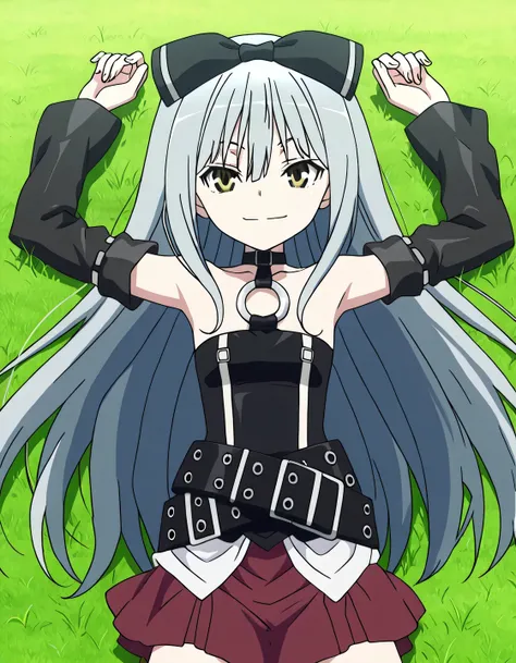 sora, long hair, bow, yellow eyes, hair bow, grey hair, black bow, anime screencap,
skirt, bare shoulders, detached sleeves, choker, belt, red skirt, black dress, o-ring, high quality, solo, lying, on back, arms up, legs apart, closed mouth, on grass, cowb...