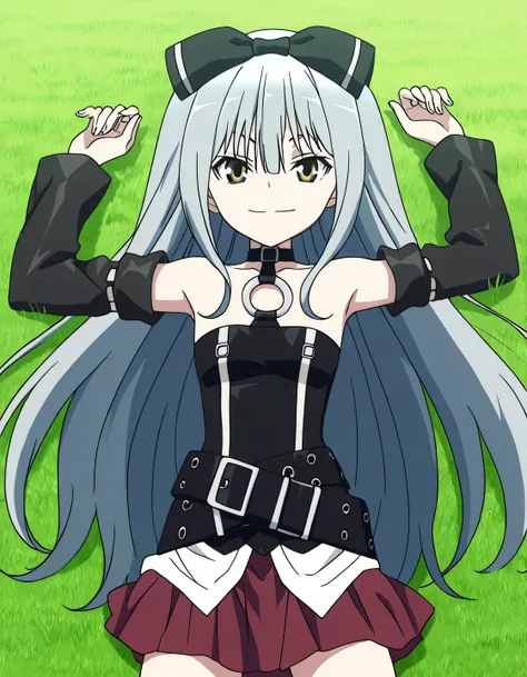 sora, long hair, bow, yellow eyes, hair bow, grey hair, black bow, anime screencap,
skirt, bare shoulders, detached sleeves, choker, belt, red skirt, black dress, o-ring, high quality, solo, lying, on back, arms up, legs apart, closed mouth, on grass, cowb...