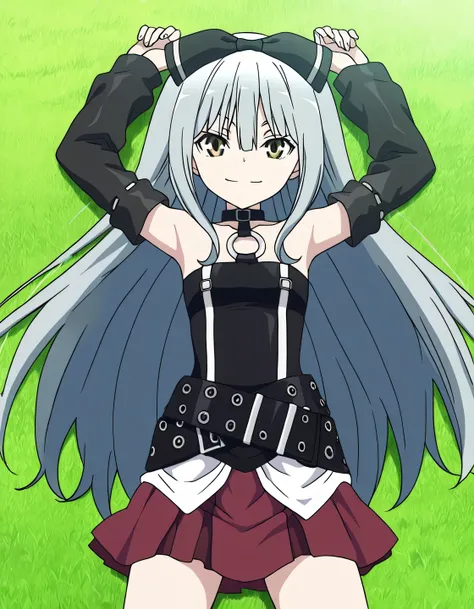 sora, long hair, bow, yellow eyes, hair bow, grey hair, black bow, anime screencap,
skirt, bare shoulders, detached sleeves, choker, belt, red skirt, black dress, o-ring, high quality, solo, lying, on back, arms up, legs apart, closed mouth, on grass, cowb...