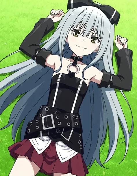 sora, long hair, bow, yellow eyes, hair bow, grey hair, black bow, anime screencap,
skirt, bare shoulders, detached sleeves, choker, belt, red skirt, black dress, o-ring, high quality, solo, lying, on back, arms up, legs apart, closed mouth, on grass, cowb...