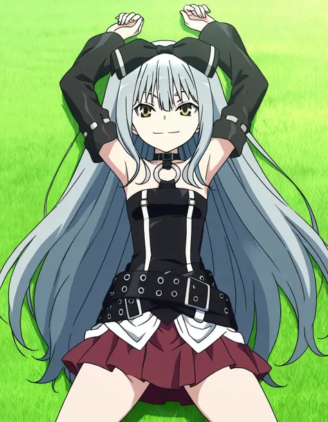 sora, long hair, bow, yellow eyes, hair bow, grey hair, black bow, anime screencap,
skirt, bare shoulders, detached sleeves, choker, belt, red skirt, black dress, o-ring, high quality, solo, lying, on back, arms up, legs apart, closed mouth, on grass, cowb...