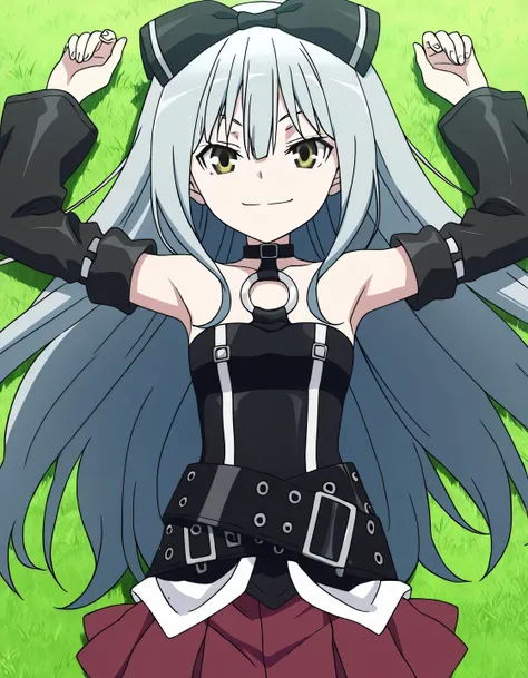 sora, long hair, bow, yellow eyes, hair bow, grey hair, black bow, anime screencap,
skirt, bare shoulders, detached sleeves, choker, belt, red skirt, black dress, o-ring, high quality, solo, lying, on back, arms up, legs apart, closed mouth, on grass, cowb...