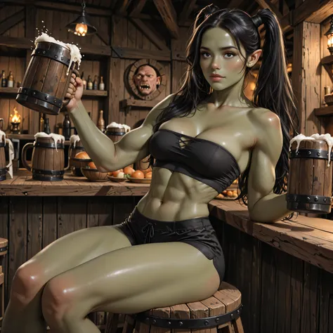 Orc, pointed ears, strong, muscular, green skin,(best quality, masterpiece), ((1 Woman)), Ork Woman, Orc Woman, (((Green Skin))), (Black eyes), (([Black] hair, [long Hair] hair)), (TwinTail Hair), ((medium breasts)), cleavage, Fit Body, Muscular Body Fitne...