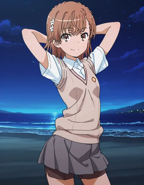 M1k0t0M1s&k&, 1girl, solo, brown hair, brown eyes, short hair | hair ornament, hair flower, tokiwadai school uniform, school uniform, skirt, shorts, sweater vest, grey skirt, shorts under skirt, pleated skirt, anime screencap, high quality, solo, cowboy sh...
