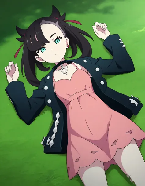 zzMarnie, aqua eyes, ,zzMarnie, aqua eyes, black choker, red ribbon, pink dress, jewelry, black jacket, open clothes, long sleeves, anime screencap, high quality, solo, lying, on back, arms up, legs apart, closed mouth, grass, cowboy shot, looking at vie...