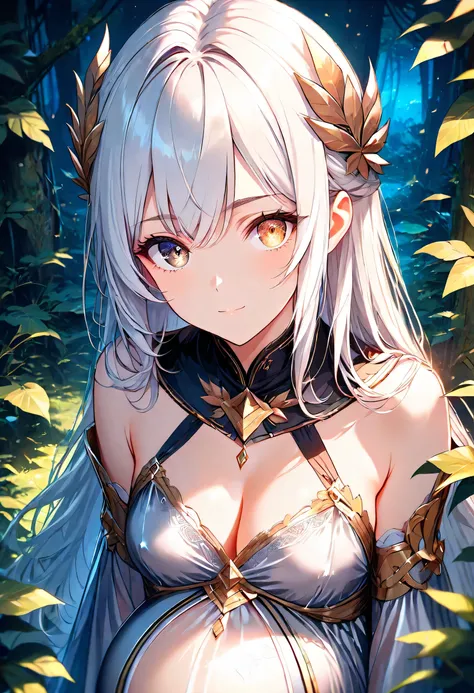 High Resolution, Best Quality, Super Detailed, Masterpiece, 4K, overgrown forest, night, 1girl, white hair, long hair, gold eye, brown eye, split color eyes, flat breasts, pregnant, adult body, white Laurel bandeau, translucent silver negligee, silver loin...
