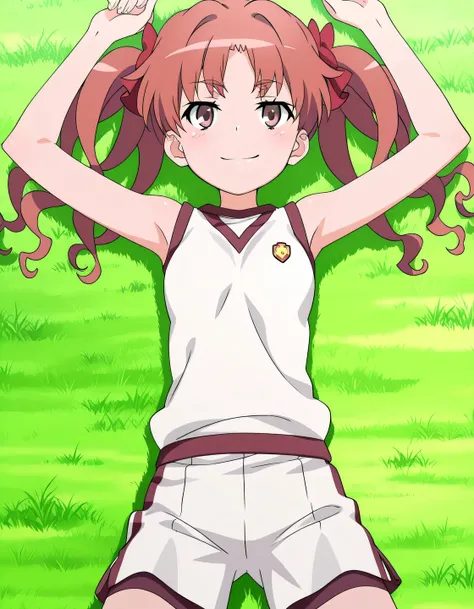 Shirai Kuroko, tokiwadai gym uniform, gym uniform, bare shoulders, sleeveless shirt, white shirt, short shorts, white shorts, brown eyes, brown hair, long hair, twintails, parted bangs, red hair bow, anime screencap, high quality, solo, lying, on back, arm...