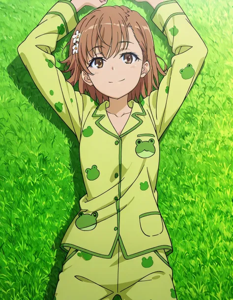 M1k0t0M1s&k&, brown hair, brown eyes, short hair | hair ornament, hair flower, green pajamas, frog print, animal print, anime screencap, high quality, solo, lying, on back, arms up, legs apart, closed mouth, on grass, medium shot, cowboy shot, looking at v...