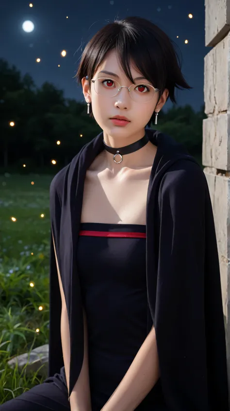 Masterpiece, best quality, 8k, ultra high resolution, photorealistic, cinematic composition,1girl, solo,sarada uchiha,red eyes,red eyes, black hair,(very short hair:1.5),outdoors,potrait,small breast,nature,sitting on ruins,navel,wear glasses,close up,eari...