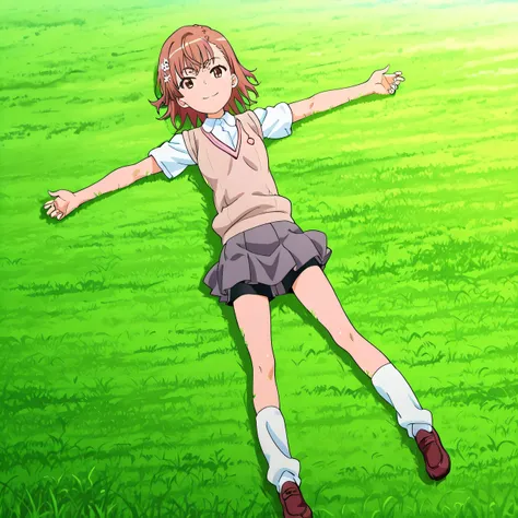 M1k0t0M1s&k&, brown hair, brown eyes, short hair | hair ornament, hair flower, tokiwadai school uniform, school uniform, skirt, shorts, sweater vest, grey skirt, shorts under skirt, pleated skirt, socks, loose socks, anime screencap, high quality, solo, ly...