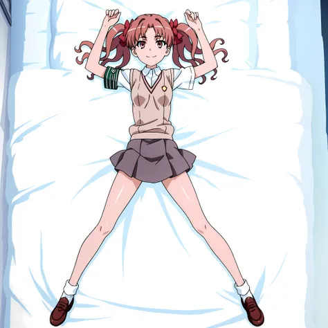 Shirai Kuroko,
long hair,pink hair,wavy hair,twintails,hair bow,red bow,hair ribbon,red ribbon,parted bangs,pink eyes
tokiwadai school uniform,brown sweater vest,white shirt,collared shirt,armband,short sleeves, small breasts,miniskirt,grey skirt,pleated s...