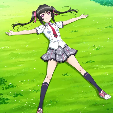tsukuyomi shirabe, sidelocks, pink eyes, black hair, Blunt bangs, twintails, hair ribbon, lydian academy school uniform, red necktie, short sleeves, untucked shirt,  small breast, anime screencap, high quality, solo, lying, on back, arms up, spread legs, c...
