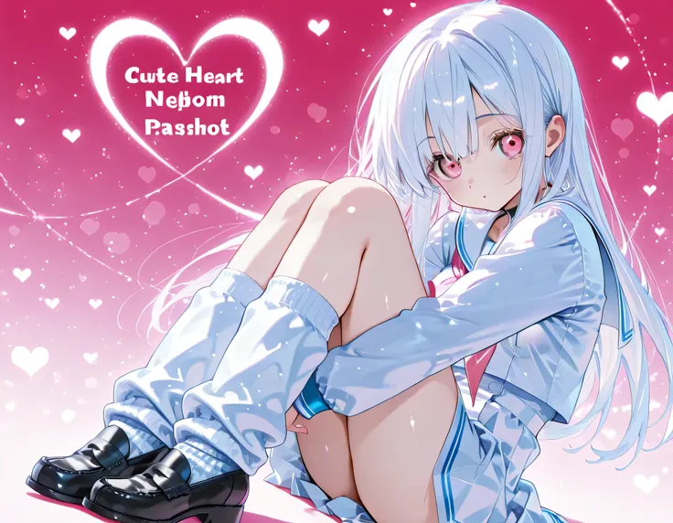 Pachislot、gaming LED、Left Eye Pink Neon Color、Right eye cyan neon color、white sailor suit、loose socks、black loafers、white-haired、Pachislotのレバーが七色に光っている、lens flare、cute heart background、