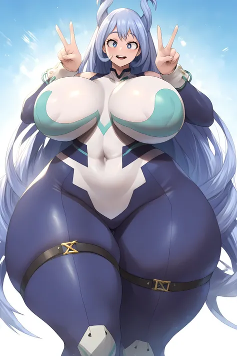 Nejire Hado from My Hero Academia, a beautiful young heroine with long wavy blue hair and sparkling sky blue eyes, cheerful and energetic expression, soft and delicate facial features, wearing her tight white and turquoise hero outfit with metallic accents...