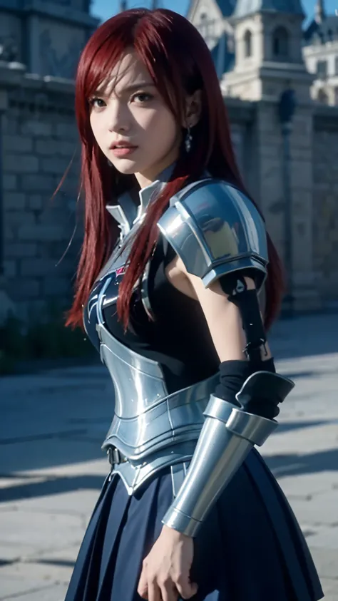 Erza Scarlet from Fairy Tail, half-body portrait, ultra realistic and highly detailed, wearing her iconic silver armor with blue skirt, long scarlet red hair flowing naturally, intense confident expression, soft cinematic lighting, realistic skin texture, ...