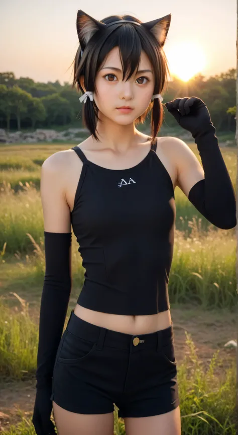 Masterpiece, best quality, 8k, ultra high resolution, photorealistic, cinematic composition.1girl, solo,asada shino,black eyes,black hair,hair between eyes, short hair,outdoors,potrait,small breast,nature,standing under ruins,sidelocks,(sunset lighting:1.5...