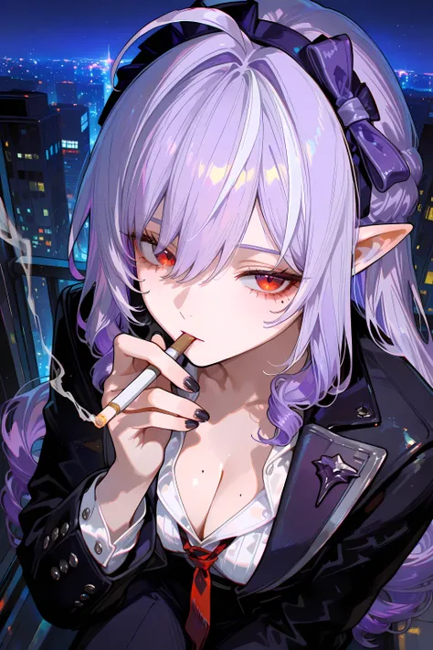 vivian (zenless zone zero), red eyes, mole, mole under eye, purple hair, very long hair, drill hair, ponytail, ahoge, pointy ears, two-tone hairband, black hairband, purple hairband, purple hair bow, black nails, fingernails, nail polish. Smoking, smoking ...