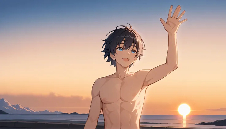 Kevin, masterpiece, Best Quality, very aesthetic, 1male, cool, Adult male, Height 175cm, male college student, black hair, blue eyes, naked, solo,, outdoor, wilderness,　((upper body)), arm up:1.2, waving, smile, open mouth,　((sunrise,dawn:1.5)), 