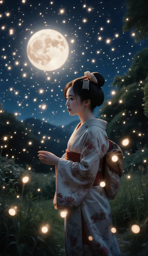 Real photo、night、 Firefly Light、A lot of fireflies are flying、Kimono、Kimonoを着た日本人女性、 Firefly Lightを見ている、4K