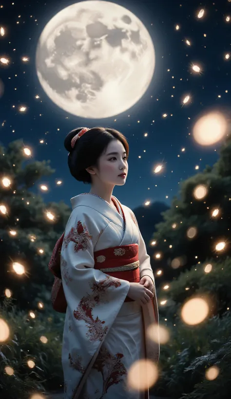 Real photo、night、 Firefly Light、A lot of fireflies are flying、Kimono、Kimonoを着た日本人女性、 Firefly Lightを見ている、4K