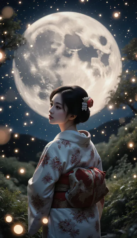 Real photo、night、 Firefly Light、A lot of fireflies are flying、Kimono、Kimonoを着た日本人女性、 Firefly Lightを見ている、４Ｋ