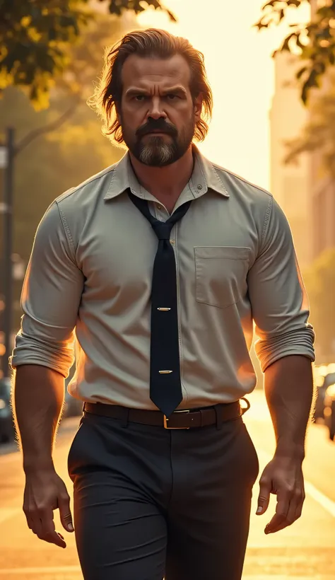 David Harbour as Bigby Wolf, rugged man, strong determined expression, walks confidently, down a sunlit path, has messy medium-length hair, stubbled beard, few scars on his face, wolf fangs, wears slightly wrinkled white shirt, rolled-up sleeves, loosened ...