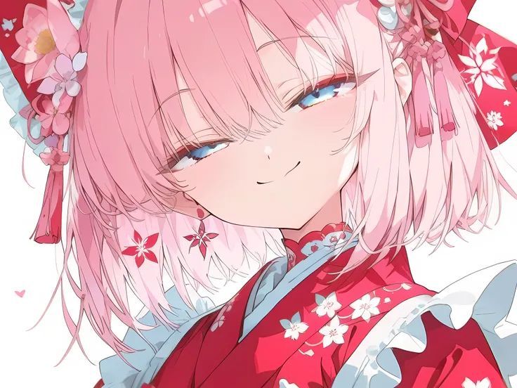 Cute young Anime girl with long straight, Soft grow pink hair color, grow blue eyes color with white sparking, Wearing red japanese clothes, flowers accessories, calm and playful face, a bit smile face, half-body scale picture, sun rise tone picture