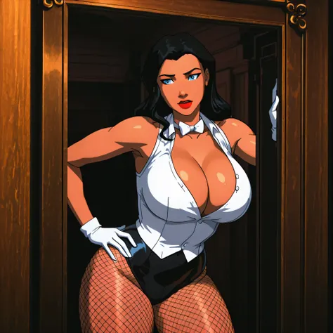 zatannaYoungJustice, 1girl, black hair, lipstick, blue eyes, makeup, large breasts, white bowtie, pale skin, cleavage, red lips, pale-skinned female, fishnets on legs, bow, long hair, white gloves, leotard, white sleeveless button down shirt, standing, lib...