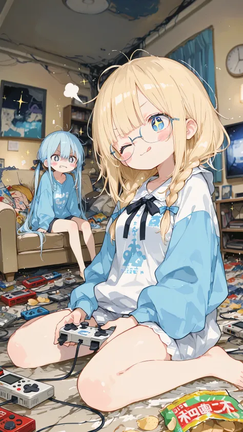 (masterpiece), (Highest Quality), (very detailed), (detail background), (very beautiful),(anime coloring:1.2),(perspective:1.2),(depth of field:1.4), dark room,(Living Room,messy room:1.3)Famicom,game console,controller,potato chips(blurry background:1.2),...