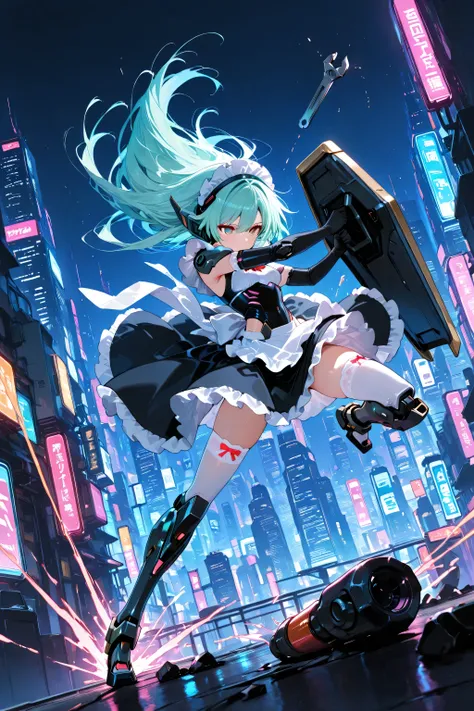 score_9, score_8_superior, score_7_superior, masterpiece, best quality, ultra high resolution, tall_loyalty, vivid color, Sauce_cartoon, Rating _[Safety, cute, 1 girl, Short Stack, (Mechanical Girl:1.2), sh1neon, weapons, Long hair, Maid Dress, Maid tiara,...