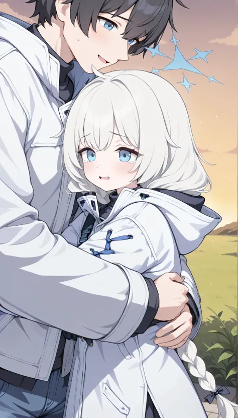 1girl and 1male(Tachiki Maia,white hair,blue eyes,long hair,twin braids,halo,loli,tearful,sad,blush, 　Kevin, masterpiece, Best Quality, very aesthetic, 1boy, cool, Adult male, Height 175cm, male college student, black hair, blue eyes, white coat, long coat...