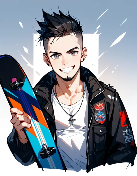 frontview,(dynamic standing side holding snowboard),upperbody,ski resort, slalom, flashy snowboarder's clothing and cargo pants,middle-man,40years old,(The face of an old man with dignity),man's eyes,man's nose,grin,(black short spiked hair),forehead,sidec...