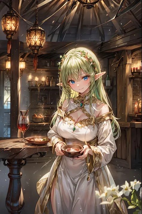 Elf's Tavern、Magical Liquor、Soothing the Soul、Elven Prank,
High quality 4K、photo real、ディテール溢れる魔幻的なElf's Tavern、Lots of Glasses on the Table、Shiny Wooden Interior、Warm Chandelier Lighting、Warm Atmosphere Where Elves Gather and Relax、Mr.々な種類のMagical Liquor、...