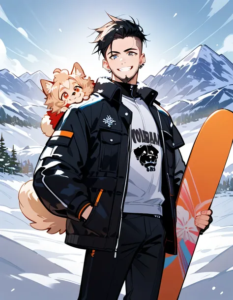 (((with Pomeranian(dog)))),(standing holding snowboard),portrait,snowboarder's suits and winter pants,(middle-man),40years old,(The face of an old man with dignity),man's eyes,man's nose,grin,(black short spiked hair),forehead,sidecut,undercut,beard,(manga...