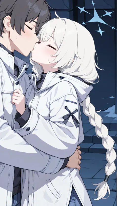 1girl and 1male(Tachiki Maia,white hair,closed eyes,long hair,twin braids,halo,loli,tearful,blush, 　Kevin, masterpiece, Best Quality, very aesthetic, 1boy, cool, Adult male, Height 175cm, male college student, black hair, closed eyed, white coat, long coat...