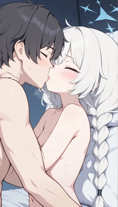1girl and 1male(Tachiki Maia,white hair,closed eyes,long hair,twin braids,halo,loli,tearful,blush,naked, 　Kevin, masterpiece, Best Quality, very aesthetic, 1boy, cool, Adult male, Height 175cm, male college student, black hair, closed eyed, naked), I can s...
