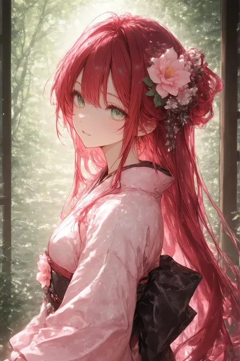 very long lashes、super long hair、30 years old、high resolution、high image quality、up、Highly detailed、Red Hair、Deep green eyes、white and pink kimono、Lily hair corsage、Late Autumn
