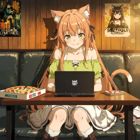 masterpiece, best quality, very aesthetic, absurdres, kanade-default, green eyes, orange hair, long hair, animal ears, hair ribbon, fang, a cat tail, green shirt, off-shoulder shirt, short sleeves, white skirt, knee boots, sitting on messy sofa, dim evenin...
