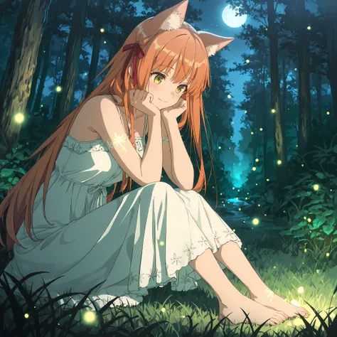 masterpiece, best quality, very aesthetic, absurdres, anime style, night scene, summer night, glowing fireflies, soft breeze, lush forest, warm light, bokeh background, kanade-default, green eyes, orange hair, long hair, animal ears, hair ribbon, gentle sm...