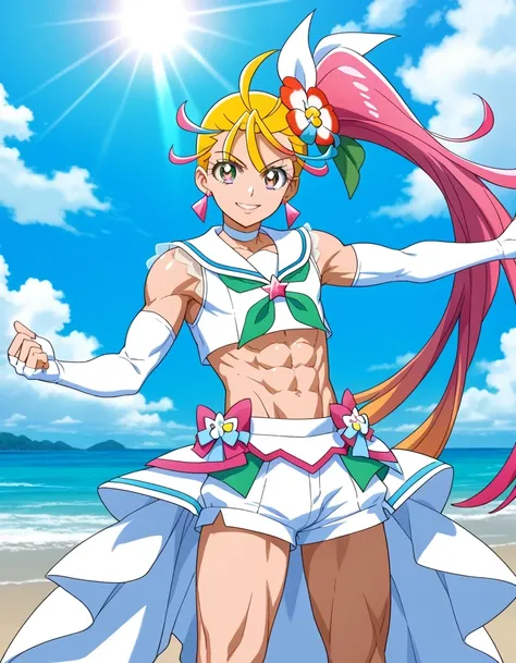 score 9 , score 8 up, score 7 up, source anime, masterpiece, Best quality, Best resolution, anime coloring, anime screencap, anime screenshot, official style, official art, 1boy, cure summer is a boy warrior, Boy wearing a long wig with white crop top dres...