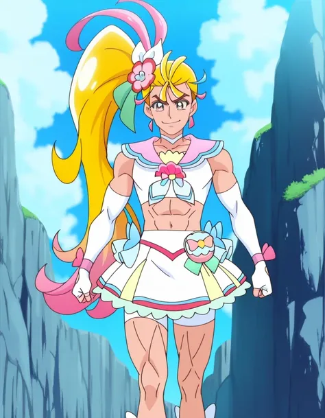 score 9 , score 8 up, score 7 up, source anime, masterpiece, Best quality, Best resolution, anime coloring, anime screencap, anime screenshot, official style, official art, 1boy, cure summer is a boy warrior, Boy wearing a long wig with white crop top dres...