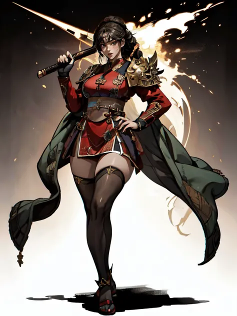 (((No background figures))), attractive woman, a woman from the Three Kingdoms period, dark hair, (((Big breasts))), ((revealing costume)), (((배경이 없는 Solo))), creates an image from the top of her head to her thighs, (woman holding a weapon), Three Kingdoms...
