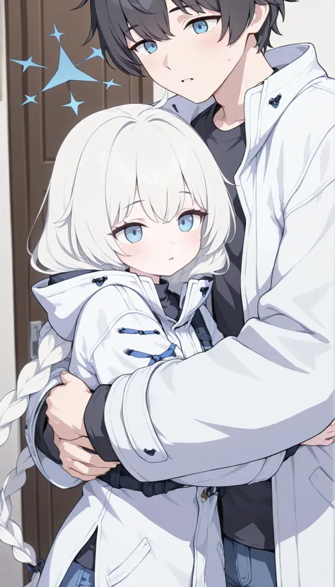 1male and 1girl(Kevin, masterpiece, Best Quality, very aesthetic, 1boy, cool, Adult male, Height 175cm, male college student, black hair, black shirt, jeans,　Tachiki Maia,white hair,blue eyes,long hair,twin braids,halo,loli,parted lips,white coat,blush,), ...